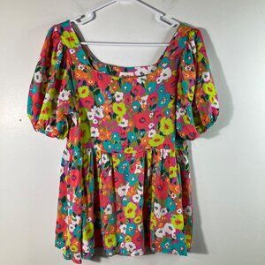 Womens Bibi Floral Square Neck Peplum‎ Top Short Puff Sleeve Pink Green M Rayon